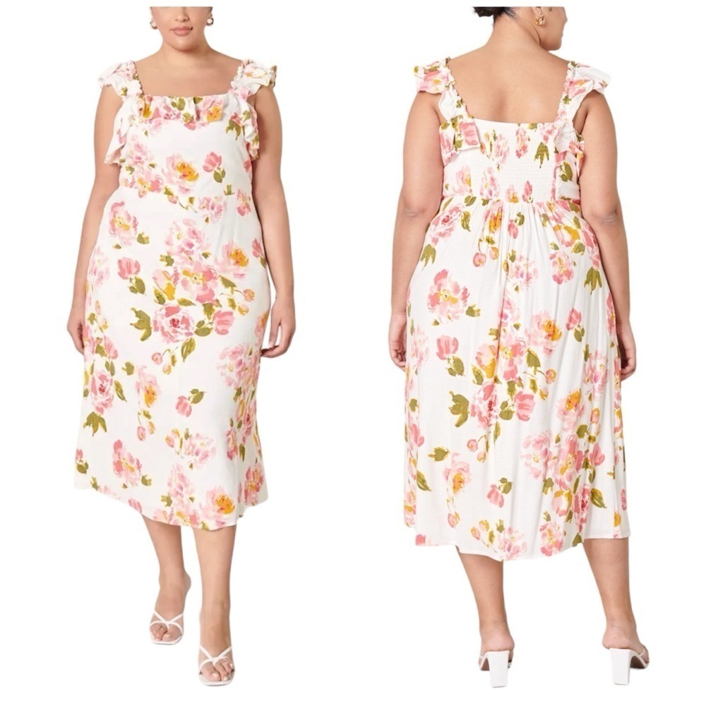 Sugarlips Curve Magdalena Floral Ruffle Trim Milo Midi Dress in Pink & White